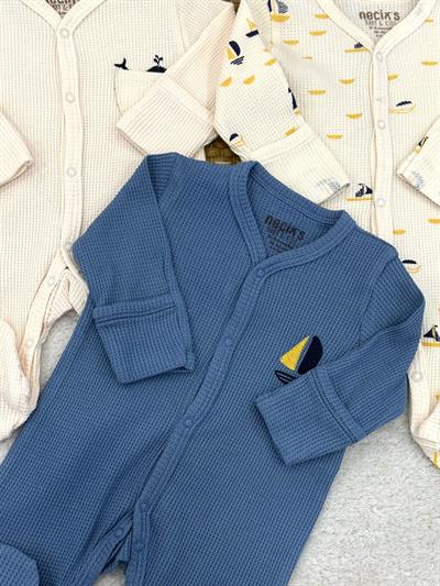 Yelkenli Nakışlı Waffle Kumaş Erkek Bebek 3lü Patikli Tulum Set (0-3/3-6 Ay)