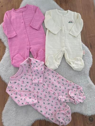 Yokohama Çiçekli Jakarlı Kız Bebek 3lü Tulum Set 0-3/3-6 Ay