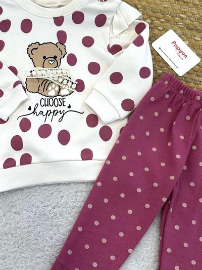 Fiyonklu Ayıcık Baskılı Kız Bebek 2li Takım (6-9/9-12/12-18 Ay)