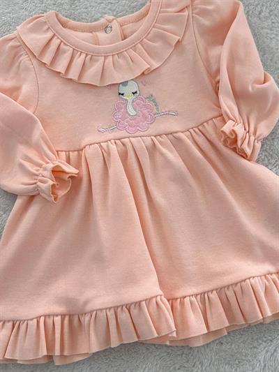 Deve Kuşu Nakışlı Kız Bebek Elbise 3-6/6-9/9-12 Ay
