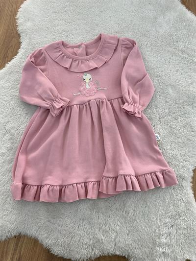 Deve Kuşu Nakışlı Kız Bebek Elbise 3-6/6-9/9-12 Ay