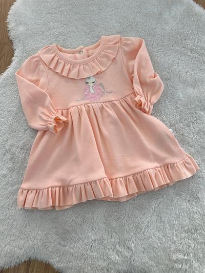 Deve Kuşu Nakışlı Kız Bebek Elbise 3-6/6-9/9-12 Ay