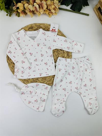Organik Çiçek Baskılı Raporlu Kız Bebek 3lü Zıbın Set Hastane Çıkışı