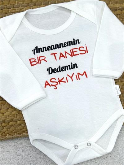 Anneannemin Bir Tanesi Dedemin Aşkıyım Yazılı Uzun Kollu Çıtçıtlı Badi (0-3/3-6/6-9/9-12/12-18 Ay)