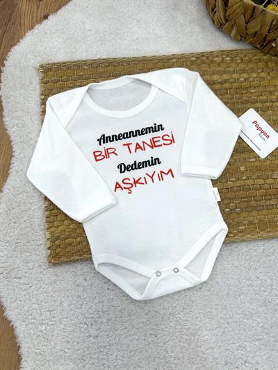 Anneannemin Bir Tanesi Dedemin Aşkıyım Yazılı Uzun Kollu Çıtçıtlı Badi (0-3/3-6/6-9/9-12/12-18 Ay)