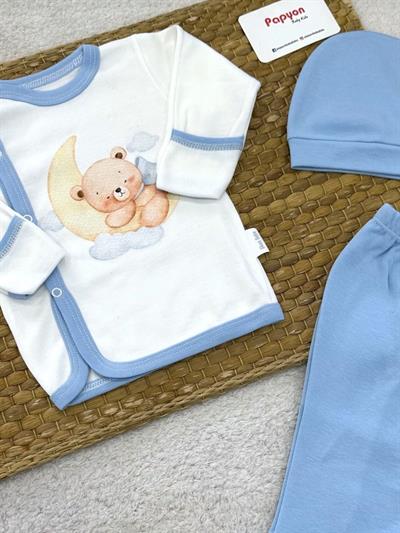 Ay Ayıcık Baskılı Yenidoğan Kız Bebek 3lü Zıbın Takımı (0-3 Ay)