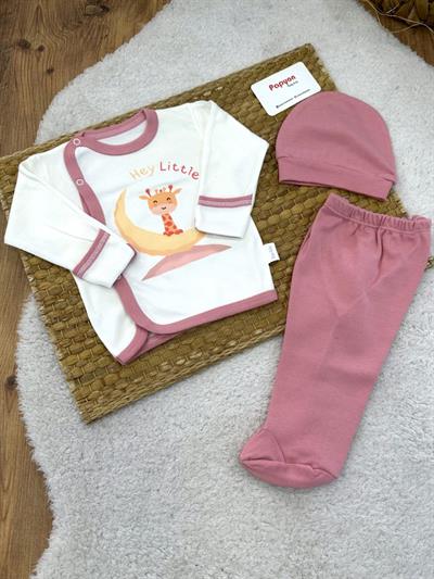 Ay Zürafa Baskılı Yenidoğan Bebek 3lü Zıbın Takımı (0-3 Ay)