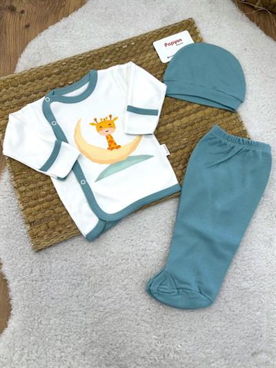 Ay Zürafa Baskılı Yenidoğan Bebek 3lü Zıbın Takımı (0-3 Ay)