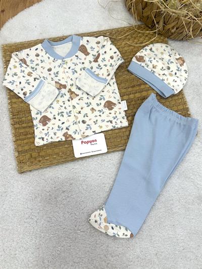 Bal Yiyen Ayıcık Baskılı Yenidoğan Erkek Bebek Pijama Takımı (0-3 Ay)