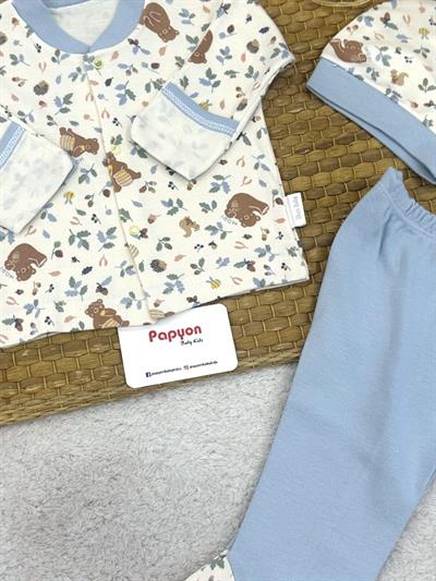 Bal Yiyen Ayıcık Baskılı Yenidoğan Erkek Bebek Pijama Takımı (0-3 Ay)