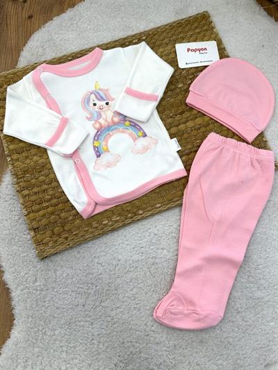 Gökkuşağı Unicorn Baskılı Yenidoğan Kız Bebek 3lü Zıbın Takımı (0-3 Ay)