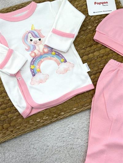 Gökkuşağı Unicorn Baskılı Yenidoğan Kız Bebek 3lü Zıbın Takımı (0-3 Ay)