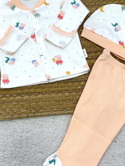 Sevimli Domuzcuk Baskılı Yenidoğan Kız Bebek Pijama Takımı (0-3 Ay)