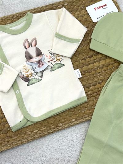 Tavşan Baskılı Yenidoğan Bebek 3lü Zıbın Takımı (0-3 Ay)