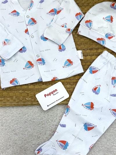 Yelkenli Baskılı Yenidoğan Erkek Bebek Pijama Takımı (0-3 Ay)
