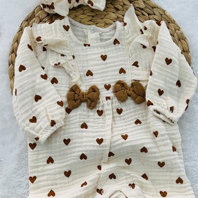Osaka Kalp Organik Kız Bebek Müslin Tulum Bandana Set 3-6/6-9/9-12 Ay