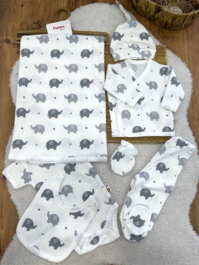 Fil Baskılı Fitilli Yenidoğan Erkek Bebek 7li Zıbın Set Hastane Çıkışı