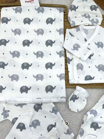 Fil Baskılı Fitilli Yenidoğan Erkek Bebek 7li Zıbın Set Hastane Çıkışı