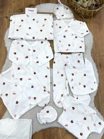 Palamut Desenli Fitilli Yenidoğan Uniseks Bebek 10lu Zıbın Set Hastane Çıkışı