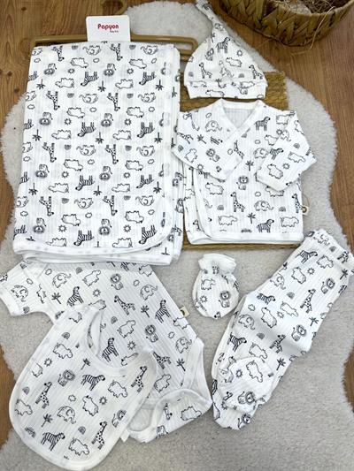 Safari Baskılı Fitilli Yenidoğan Erkek Bebek 7li Zıbın Set Hastane Çıkışı