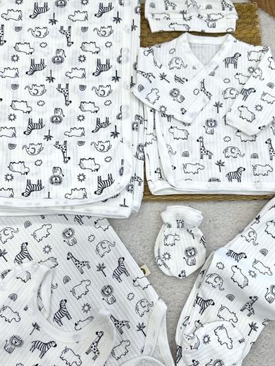 Safari Baskılı Fitilli Yenidoğan Erkek Bebek 7li Zıbın Set Hastane Çıkışı