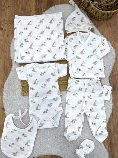 Safari Baskılı Fitilli Yenidoğan Erkek Bebek 7li Zıbın Set Hastane Çıkışı