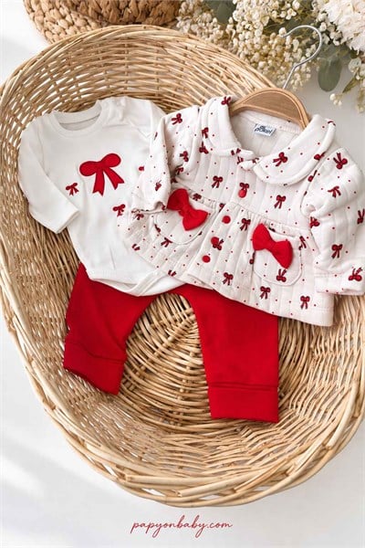 Fiyonk Desenli Ceketli Kız Bebek 3lü Takım (%100 Pamuk)(0-3/3-6/6-9/9-12 Ay)