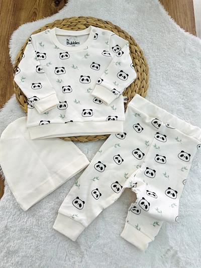 Panda Baskılı Omuzdan Patlı Uniseks Bebek Organik 3lü Takım 3-6/6-9/9-12/12-18 Ay
