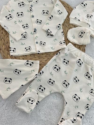 Panda Baskılı Uniseks Bebek Organik 5li Zıbın Set
