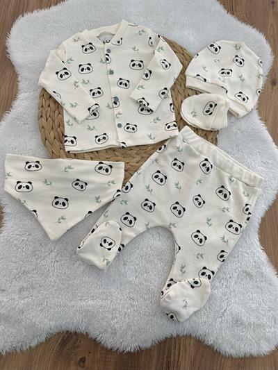 Panda Baskılı Uniseks Bebek Organik 5li Zıbın Set
