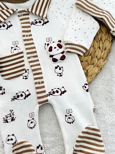 Panda Kabartmalı Bereli Erkek Bebek Organik Tulum Set 0-3/3-6/6-9 Ay