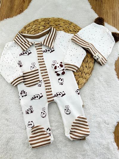 Panda Kabartmalı Bereli Erkek Bebek Organik Tulum Set 0-3/3-6/6-9 Ay