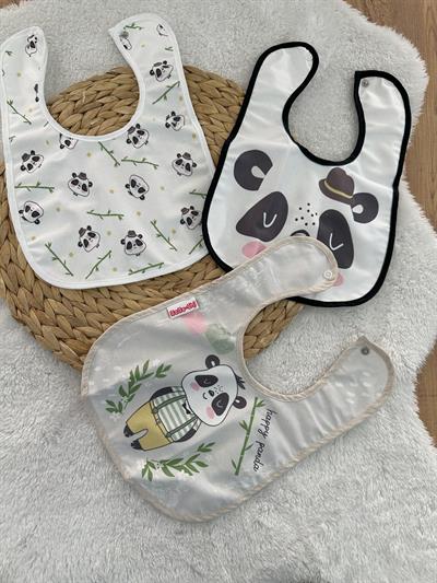 Panda Model Arkası Muşamba 3lü Bebek Mama Önlüğü