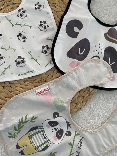 Panda Model Arkası Muşamba 3lü Bebek Mama Önlüğü