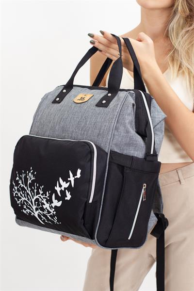 Ağaç Kuş Baskılı Anne Bebek Bakım Sırt Çantası Biberon Termos Gözlü Puset Askı Aparatlı