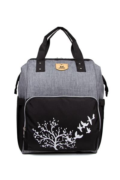 Ağaç Kuş Baskılı Anne Bebek Bakım Sırt Çantası Biberon Termos Gözlü Puset Askı Aparatlı