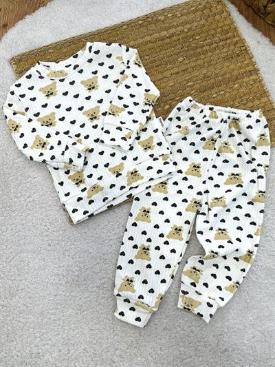 Ayıcık Kalp Desenli Uniseks Bebek Pijama Takımı (6-9/9-12/12-18/18-24 Ay)