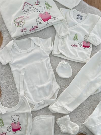 Araba Ayıcık Nakışlı Kız Bebek 10lu Hastane Çıkışı