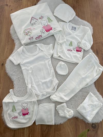 Araba Ayıcık Nakışlı Kız Bebek 10lu Hastane Çıkışı