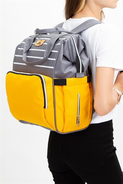 Çizgili Anne Bebek Bakım Sırt Çantası Biberon Termos Gözlü Puset Askı Aparatlı