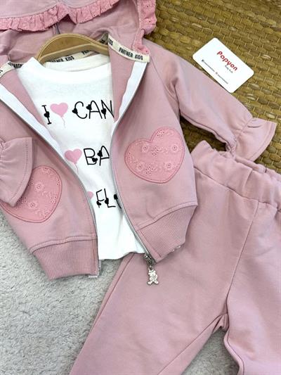 Güpürlü Kalp Nakışlı Kapşonlu Ceketli Kız Bebek 3lü Takım (6-9/9-12/12-18/18-24 Ay)