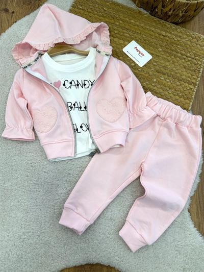 Güpürlü Kalp Nakışlı Kapşonlu Ceketli Kız Bebek 3lü Takım (6-9/9-12/12-18/18-24 Ay)