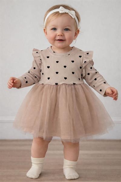 Kalp Baskılı Fitilli Eteği Tüllü Kız Bebek Elbise 6-9/9-12/12-24/24-36 Ay