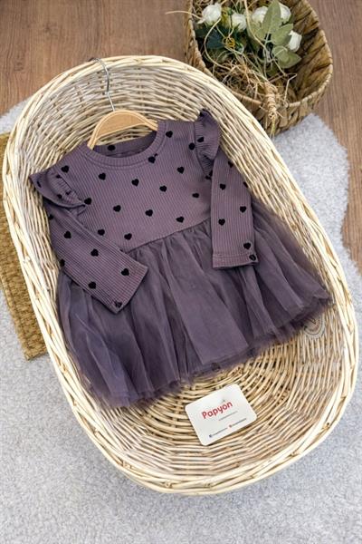 Kalp Baskılı Fitilli Eteği Tüllü Kız Bebek Elbise 6-9/9-12/12-24/24-36 Ay