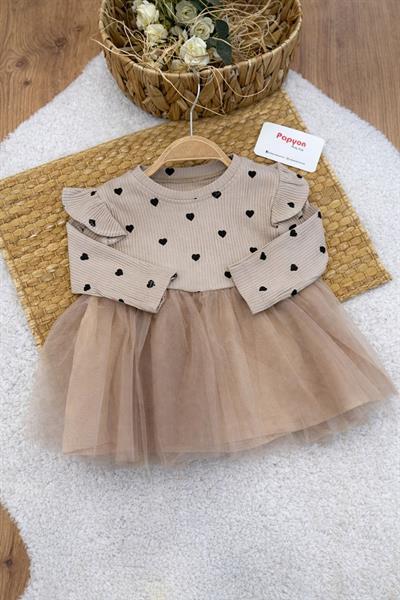 Kalp Baskılı Fitilli Eteği Tüllü Kız Bebek Elbise 6-9/9-12/12-24/24-36 Ay