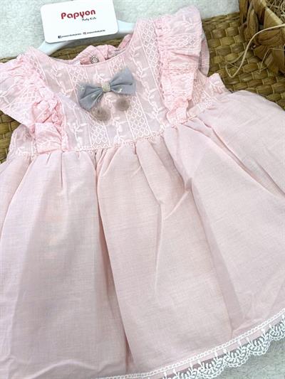 Fiyonklu Güpürlü Kız Bebek Elbise (3-6/6-9/9-12/12-18 Ay)