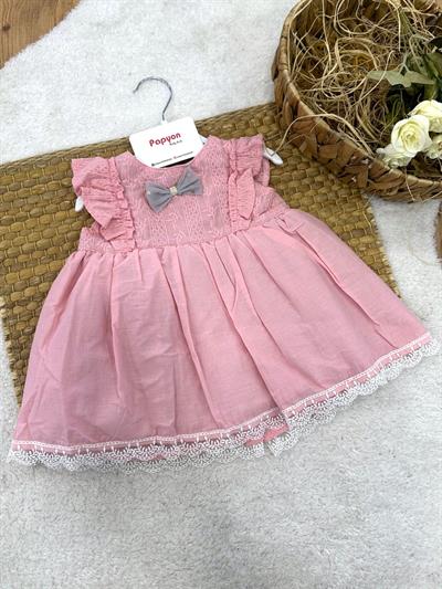 Fiyonklu Güpürlü Kız Bebek Elbise (3-6/6-9/9-12/12-18 Ay)