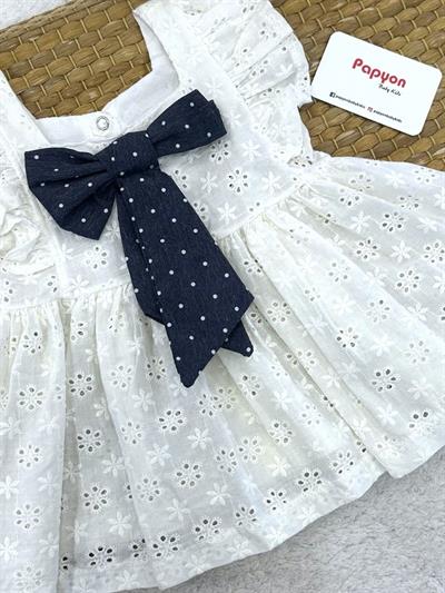 Güpürlü Fiyonklu Kız Bebek Elbise (3-6/6-9/9-12/12-18 Ay)