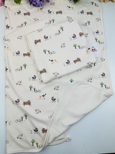 Piknik Baskılı Çift Kat Organik Penye Bebek Battaniye 90x90 Cm
