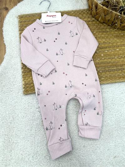 Tavşan Baskılı Fitilli Kız Bebek Tulum (3-6/6-9/9-12 Ay)